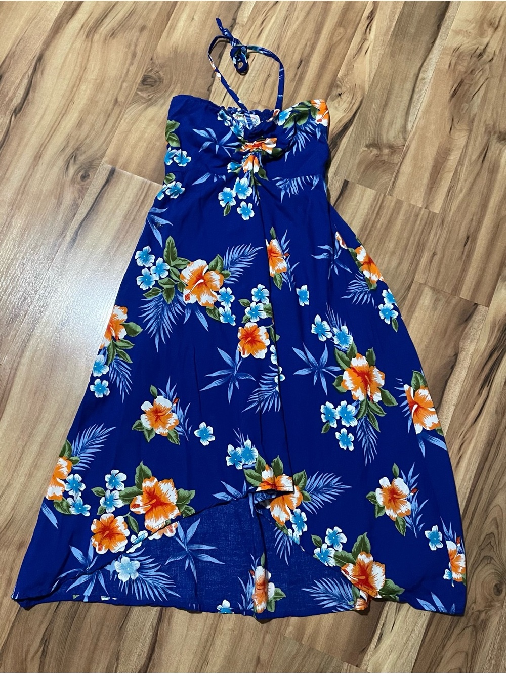 Tropica Group Halter Dress Smocked Back M Blue Hibiscus Tropical High-Low